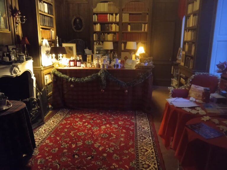 Bibliothèque du château décorée pour Noël, tapis rouge au sol