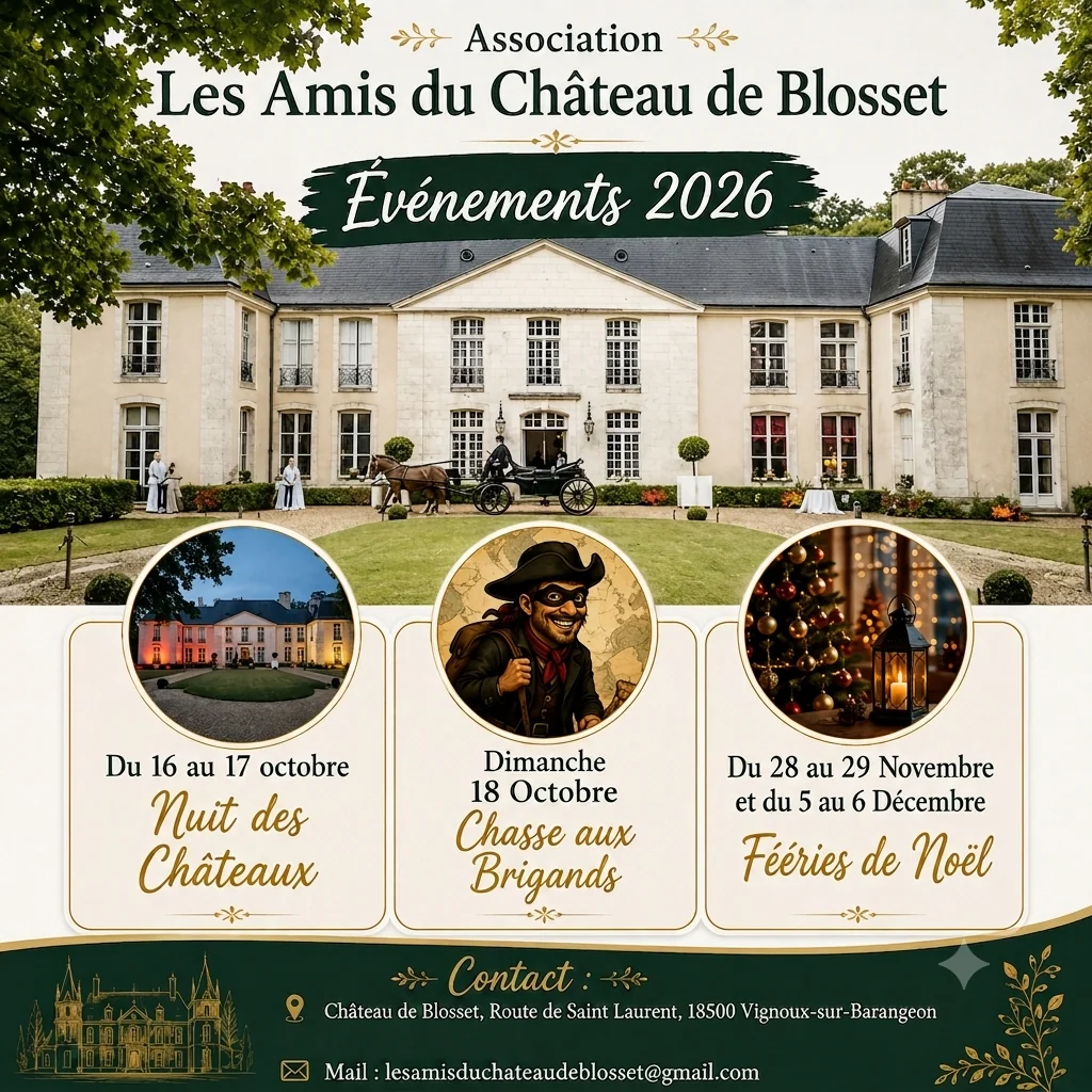 Affiche des événements 2026 de l’association Les Amis du Château de Blosset : Nuit des Châteaux les 16 et 17 octobre, Chasse aux Brigands le 18 octobre, Fééries de Noël les 28-29 novembre et 5-6 décembre