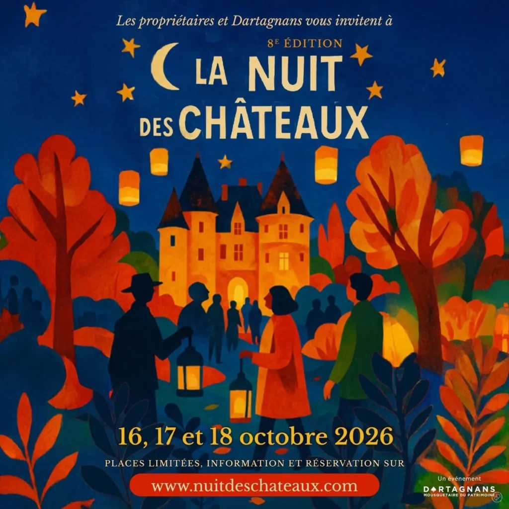Affiche de la 8e Nuit des Châteaux, les 16, 17 et 18 octobre 2026 : promeneurs aux lanternes devant un château illuminé
