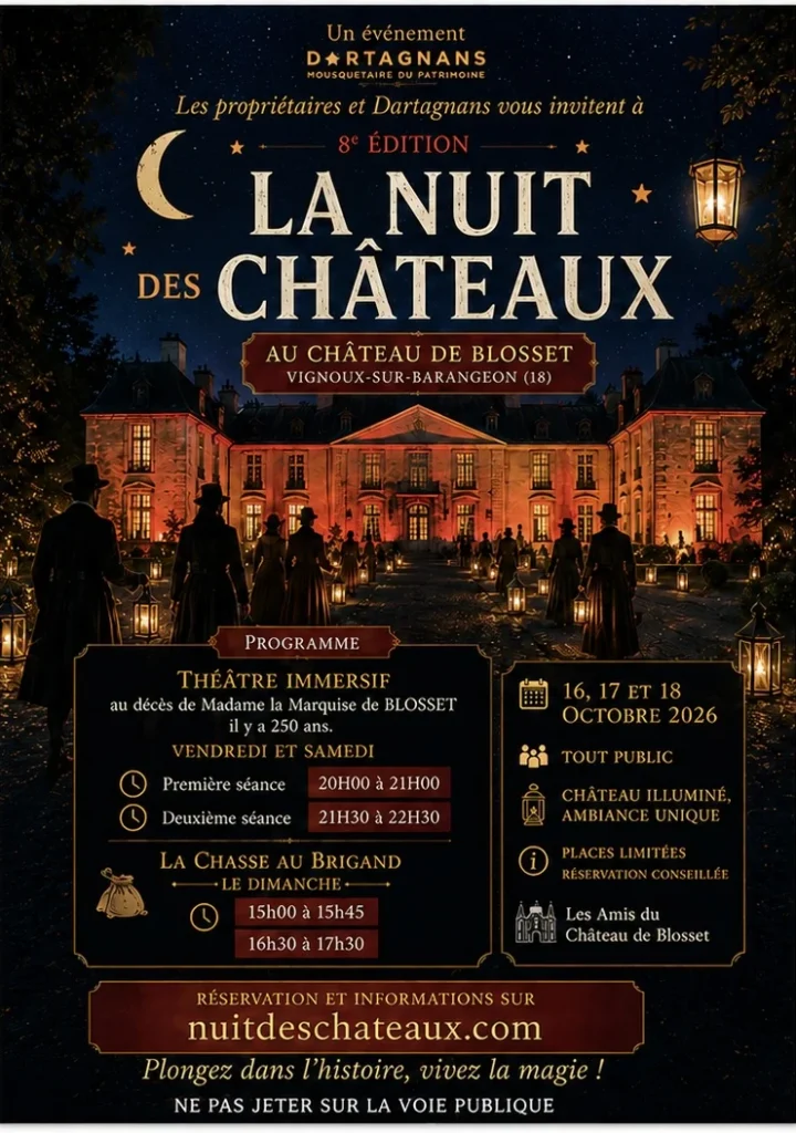 Programme de la Nuit des Châteaux 2026 au Château de Blosset : théâtre immersif vendredi et samedi à 20h et 21h30, chasse au brigand le dimanche à 15h et 16h30
