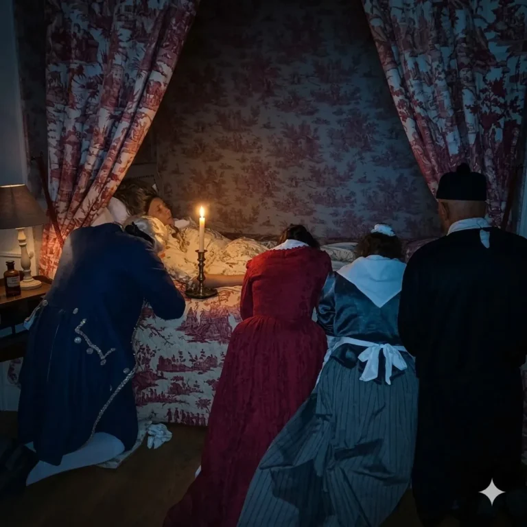 Scène nocturne dans la chambre d'apparat, personnages en costume d'époque